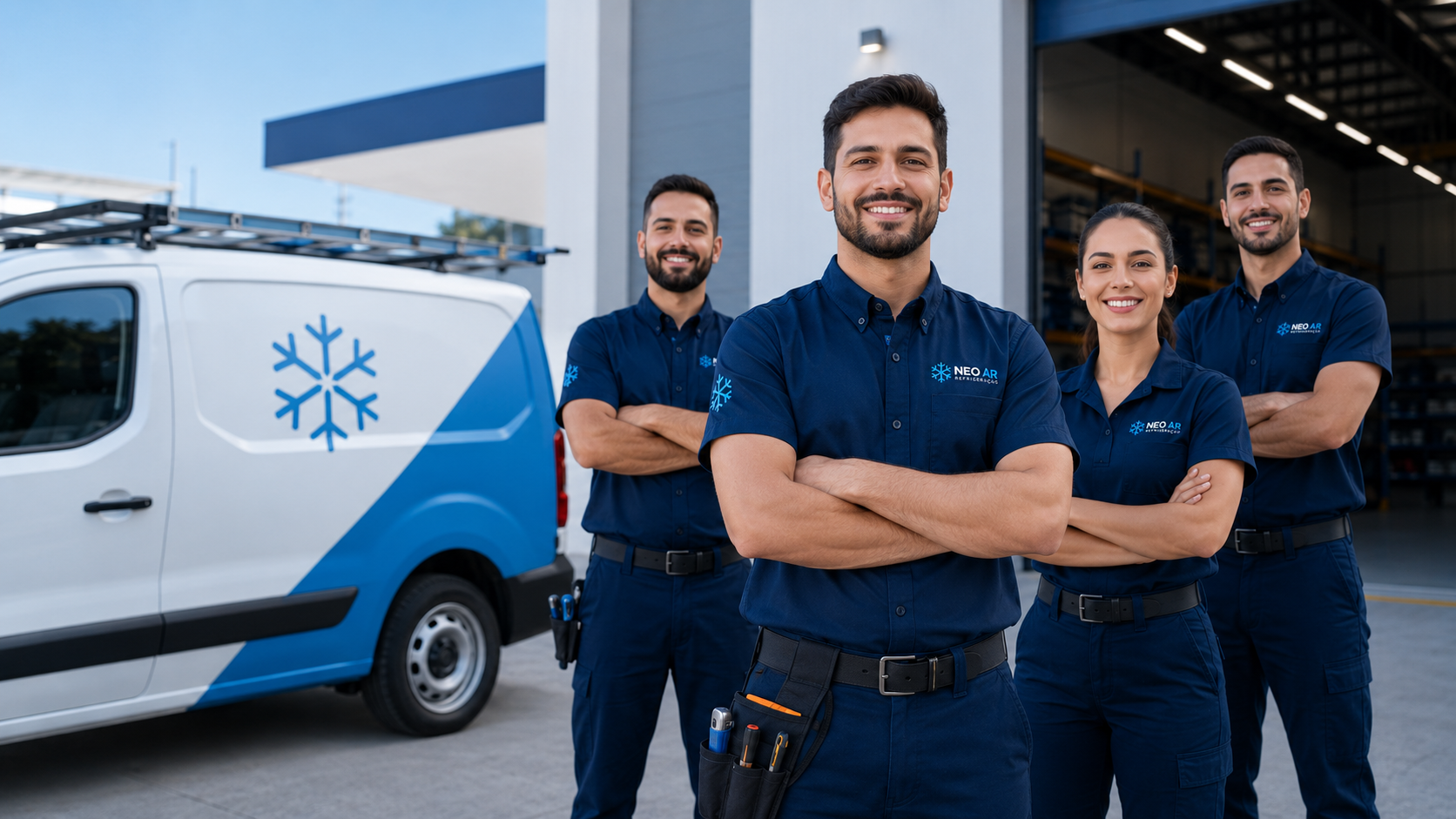 Equipe Neo Ar Refrigeracao em frente a unidade de atendimento